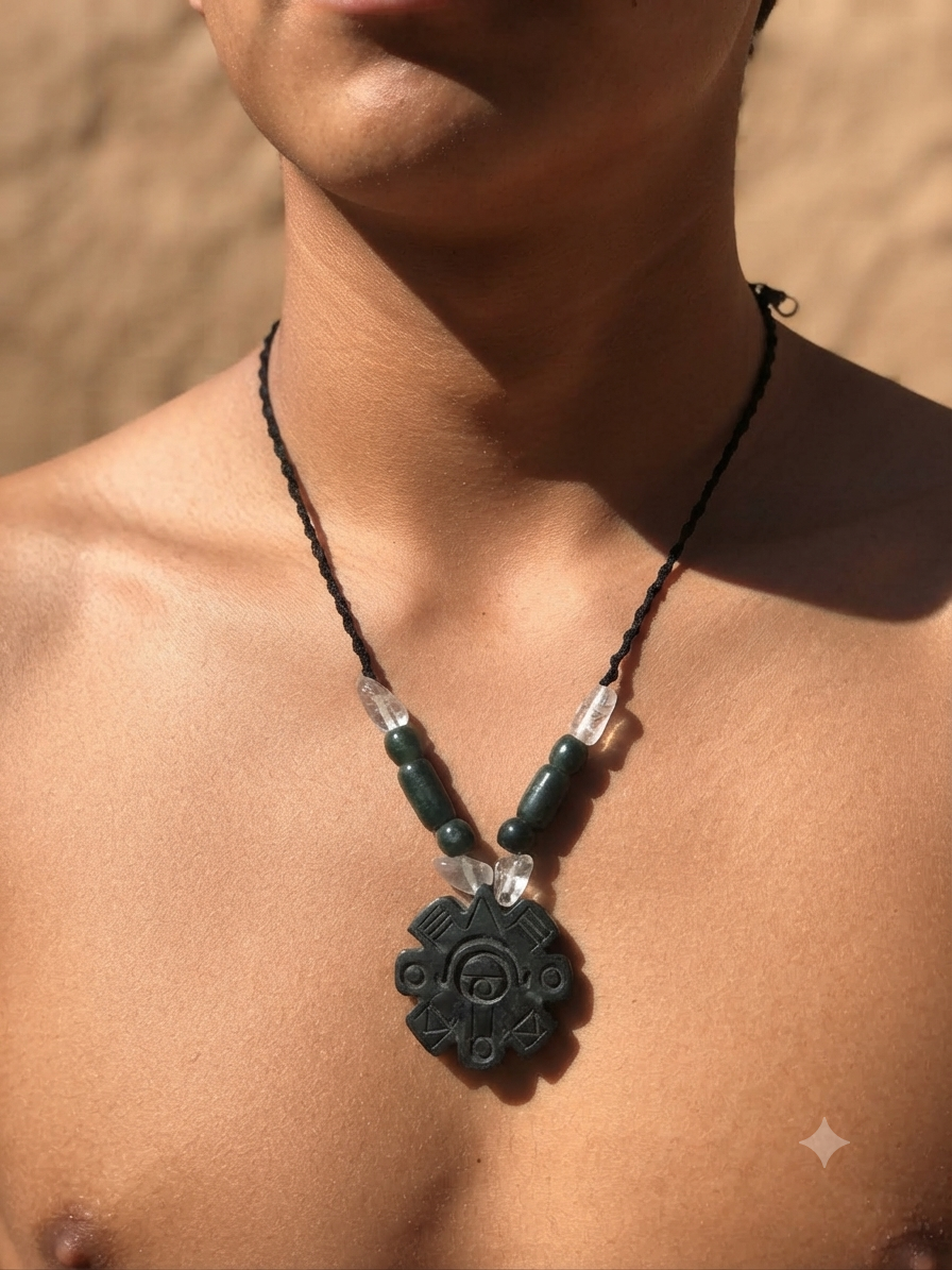 Pendentif Calendrier Aztèque Ollin – Collier en perles de Serpentine et Quartz Cristal | Bijoux précolombiens mexicains