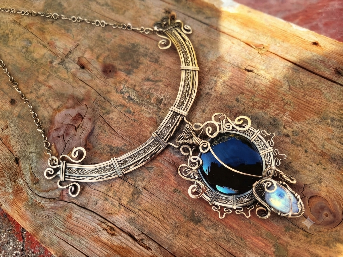 Mexican Obsidian & Moonstone Necklace | Alpaca Wire-Wrapped Pendant | Handcrafted in Mexico