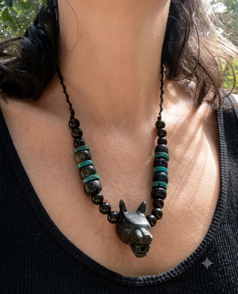 Mexican Dog Xolohcuincle Pendant necklace, Guatemalan jade style, mexican obsidian , turquoise & serpentine stone - Mayan Jewelry, Mexican precolombian Culture
