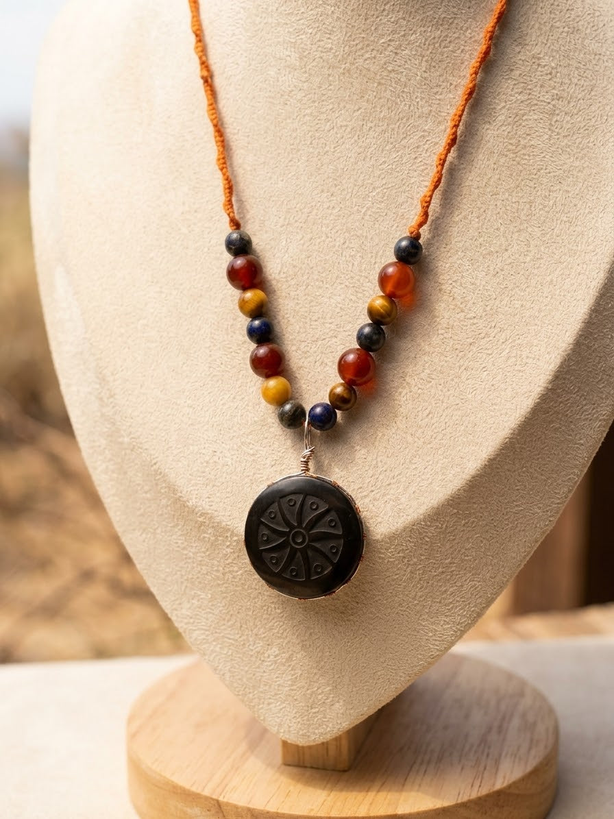 Obsidian Hikuri Pendant Necklace | Agate & Yellow Jade Beads | Peyote Spiritual Jewelry