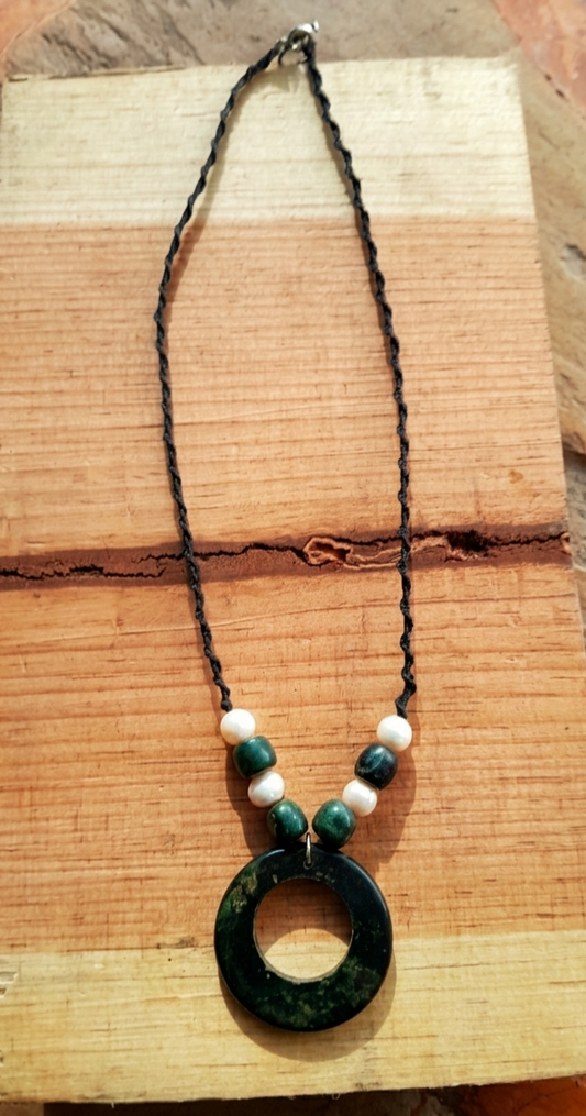 Hoop Pendant like Ancient Guatemalan jade, mother pearls & Serpentine Stone Necklace: Embrace Transformation and Healing Energy-