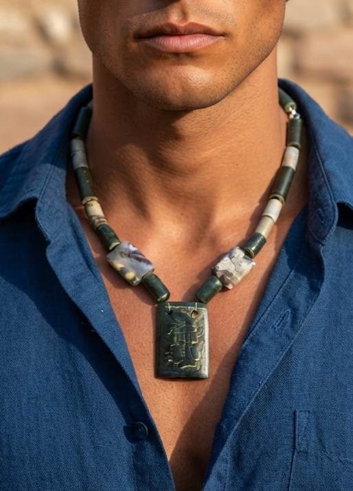 Mexikanische Halskette Maya -Schmuck Guatemaltean Jade, aztekischer Kriegeranhänger und versteinerte Holzperlen