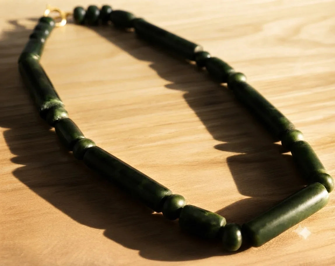 Dark Green Serpentine Necklace | Guatemalan Jade Style | Long Tube Beads | Mayan Pre-Columbian Jewelry