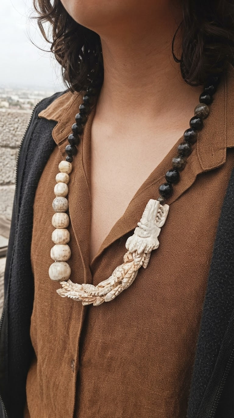 Quetzalcoatl Kukulkan Necklace | Carved Deer Antler & Gold Sheen Obsidian