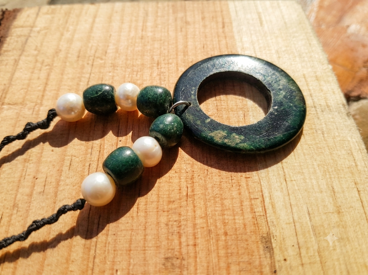 Hoop Pendant like Ancient Guatemalan jade, mother pearls & Serpentine Stone Necklace: Embrace Transformation and Healing Energy-