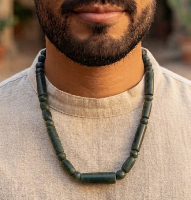 Dark Green Serpentine Necklace | Guatemalan Jade Style | Long Tube Beads | Mayan Pre-Columbian Jewelry