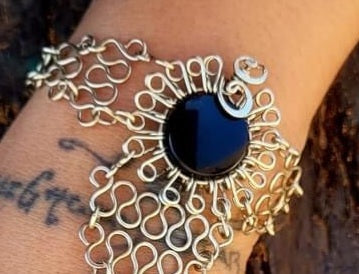 Mexican Obsidian Hand Bracelet | Bohemian Alpaca Wire | Protection & Clarity | Handmade Aztec Jewelry