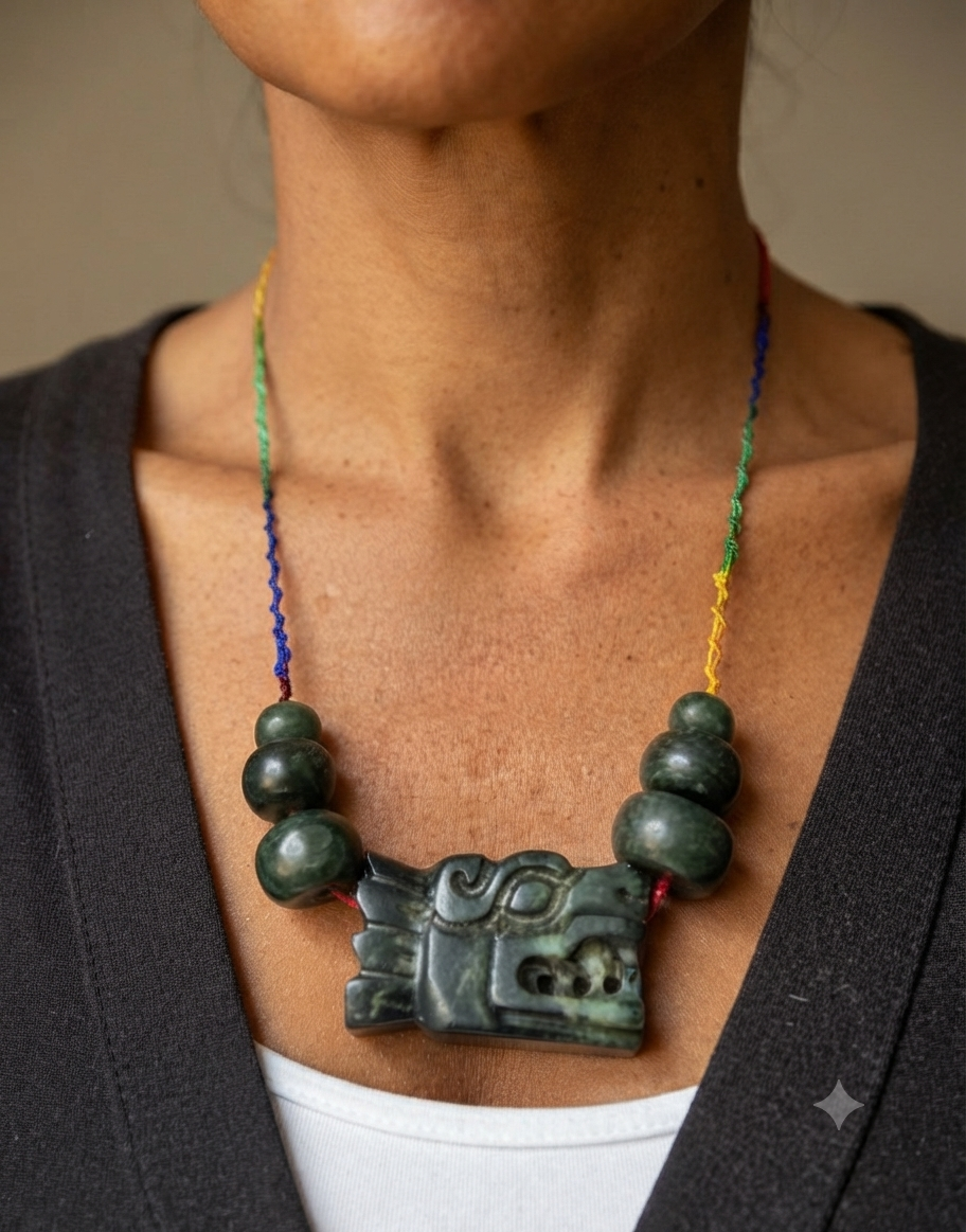 Collar con dije de Quetzalcóatl | Kukulkán Serpiente Emplumada | Serpentina Estilo Jade Guatemalteco | Joyería Maya Azteca