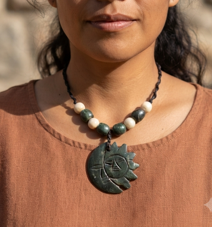 Moon Sun Symbol Pendant Necklace | Guatemalan Jade Style Serpentine Stone & Mother of Pearls | 45mm | Mexican Jewelry