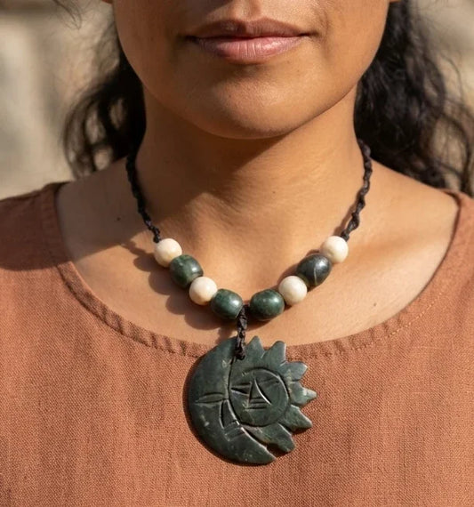 Moon Sun Symbol Pendant Necklace | Guatemalan Jade Style Serpentine Stone & Mother of Pearls | 45mm | Mexican Jewelry