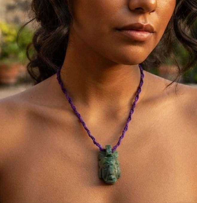 Pakal Head Pendant Necklace | Guatemalan Jade Style Serpentine | Orange Macramé | Mayan Jewelry