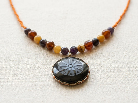 Obsidian Hikuri Pendant Necklace | Agate & Yellow Jade Beads | Peyote Spiritual Jewelry