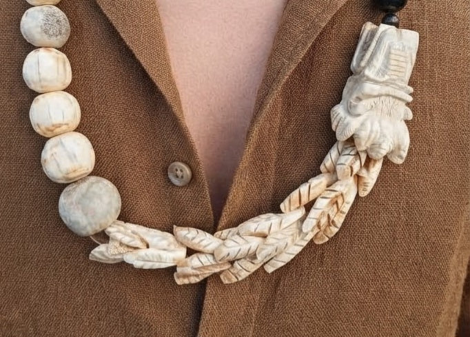 Quetzalcoatl Kukulkan Necklace | Carved Deer Antler & Gold Sheen Obsidian