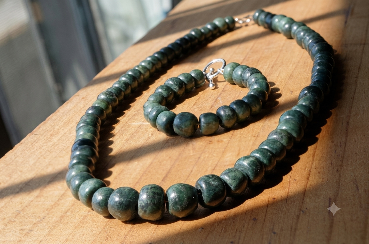 Conjunto de collar y pulsera maya: cuentas verde oscuro, piedra serpentina similar al jade guatemalteco antiguo, estilo precolombino.
