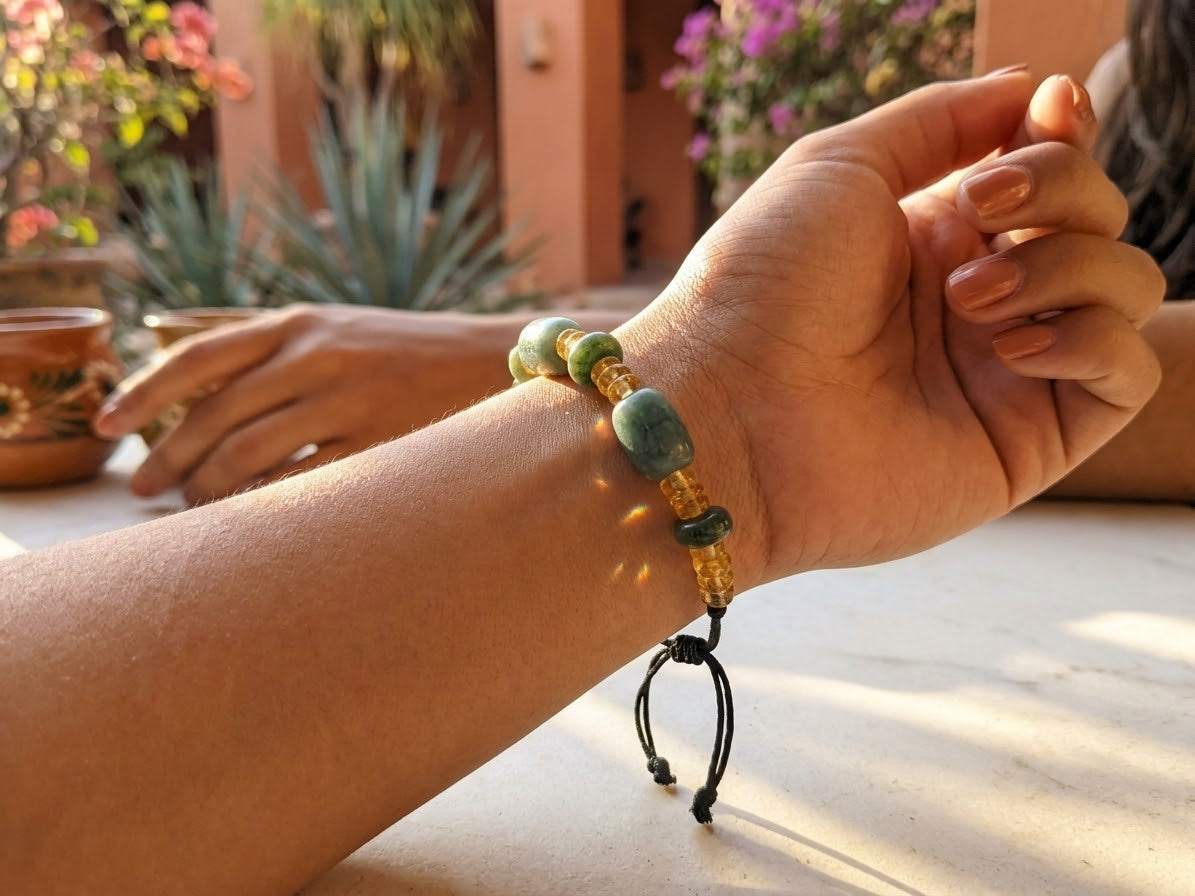 Guatemalan Jade & Mexican Amber Bracelet | Artisanal Craftsmanship | Mayan Jewelry