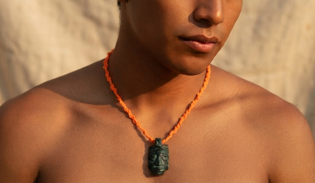 Pakal Head Pendant Necklace | Guatemalan Jade Style Serpentine | Orange Macramé | Mayan Jewelry