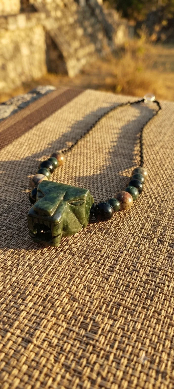 Jaguar Choker Necklace | Guatemalan Jade Style Serpentine | Petrified Wood & Obsidian Beads | Mayan Jewelry