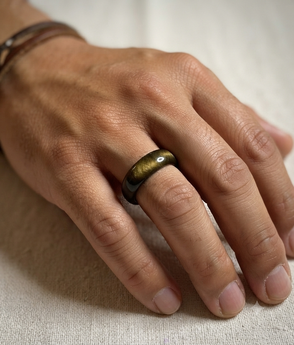 Anillo de Obsidiana Dorada con metal de alpaca - ajustable - Joyería artesanal mexicana