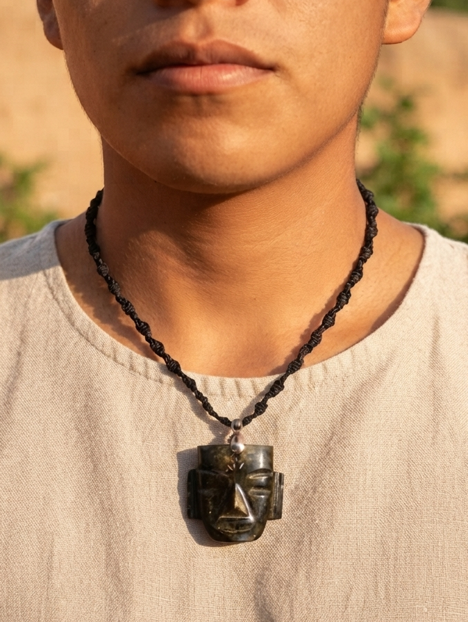 Colgante Máscara de Cabeza Teotihuacana Tallada en Piedra Obsidiana Dorada - Collar Mexicano Joyería Precolombina