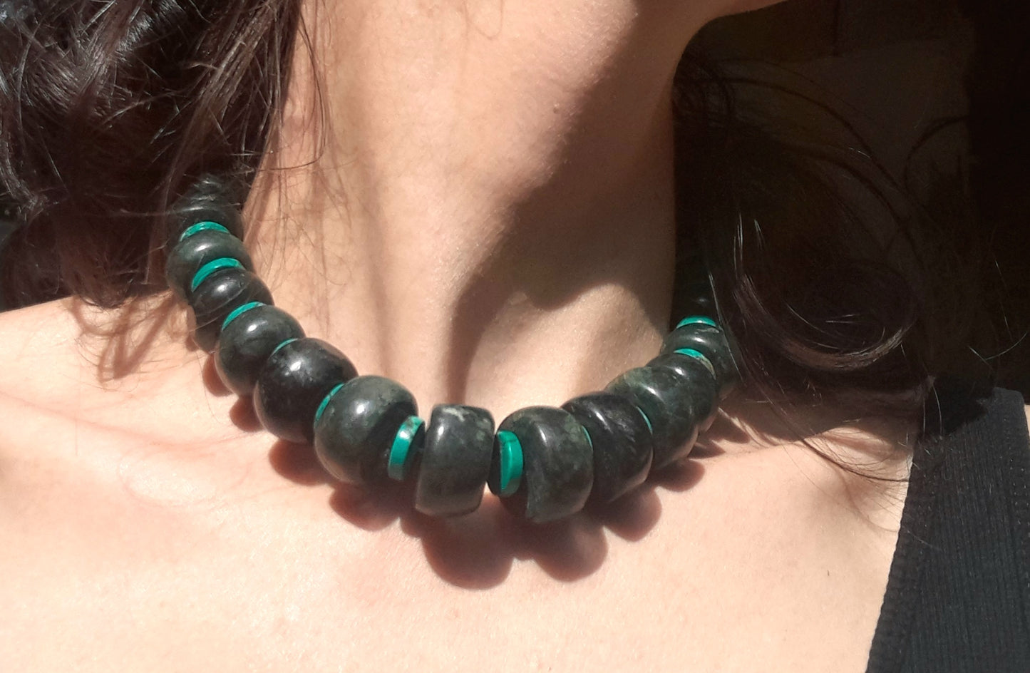 Dark Green Guatemalan Jade style Necklace - Serpentine beads & turquoise disks- Mayan Jewelry with Crescent Beads, Handmade Gemstone Necklace