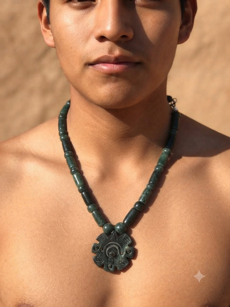 Pendentif Ollin – Symbole du calendrier aztèque, Collier en pierre serpentine style jade guatémaltèque