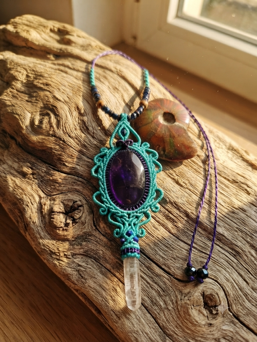 Turquoise Macramé Necklace | Velvet Obsidian Pendant & Crystal Quartz | Mexican Handmade | Protection & Purification