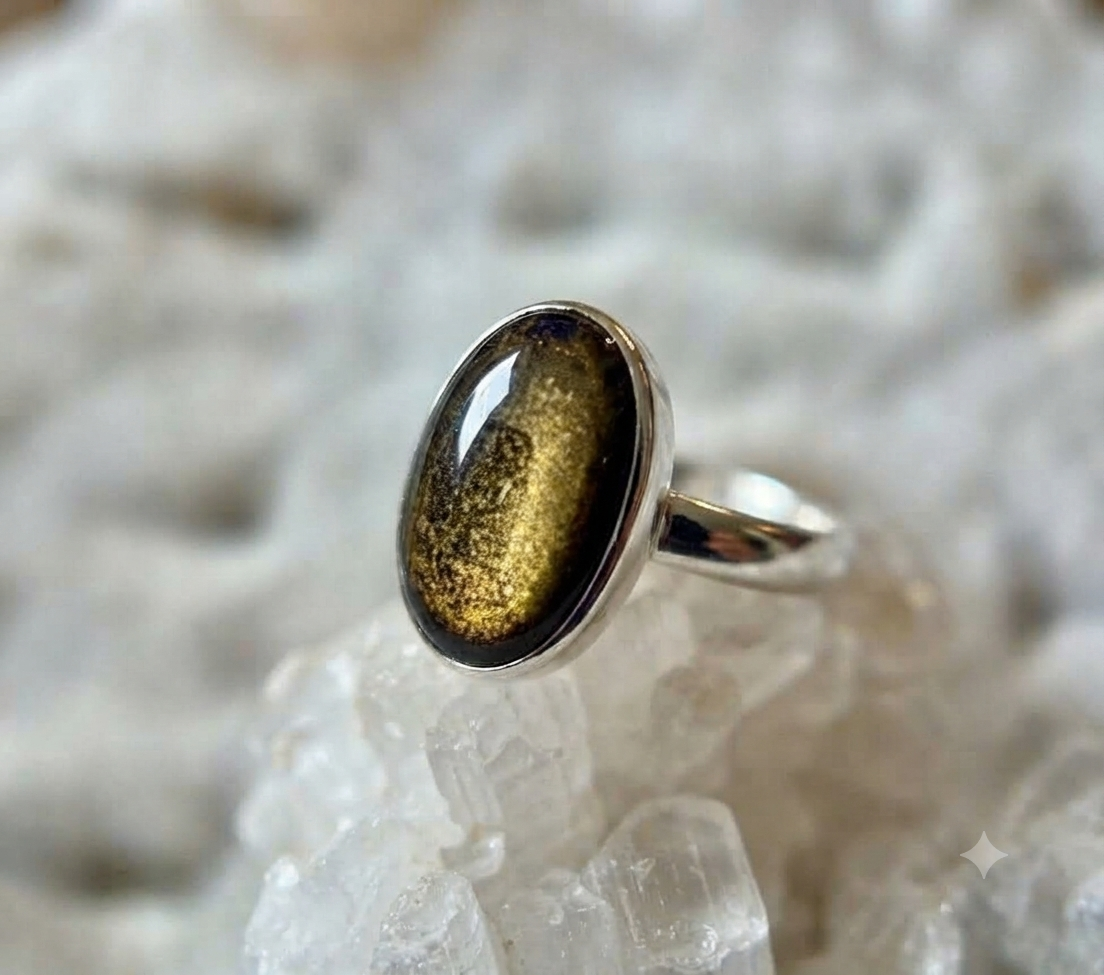 Golden Obsidian Oval Ring – Adjustable Alpaca Silver Setting | Mexican Artisan Jewelry