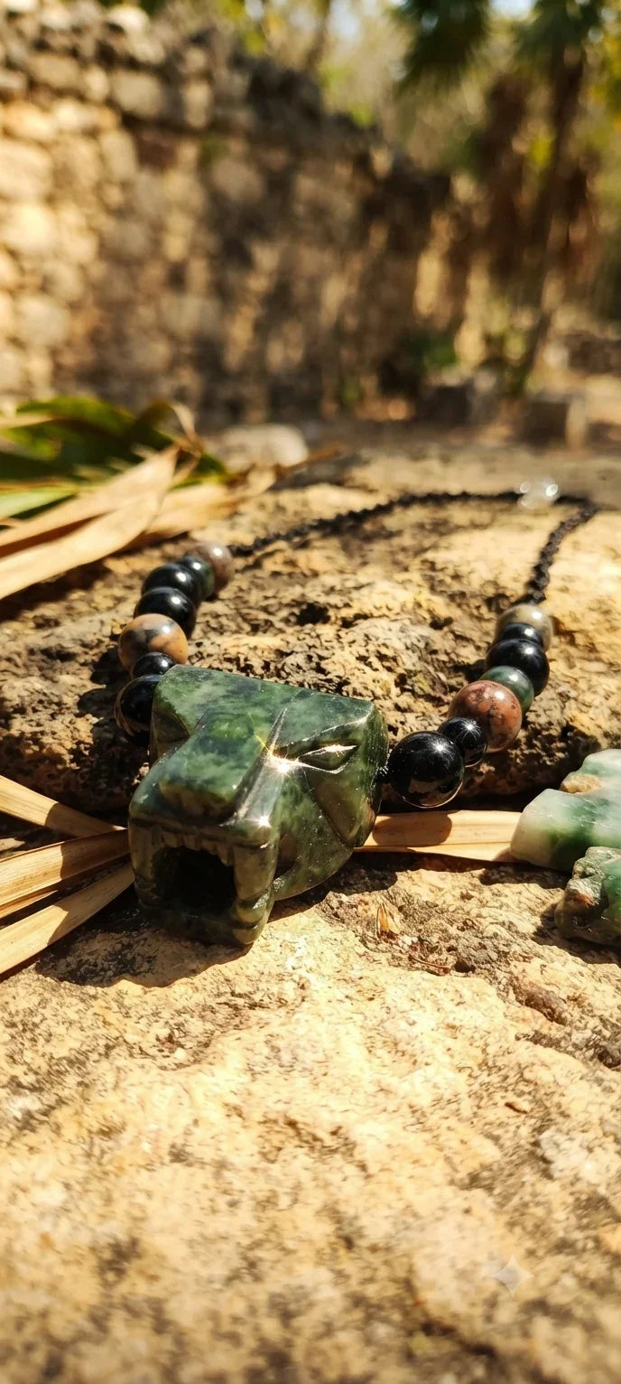 Jaguar Choker Necklace | Guatemalan Jade Style Serpentine | Petrified Wood & Obsidian Beads | Mayan Jewelry
