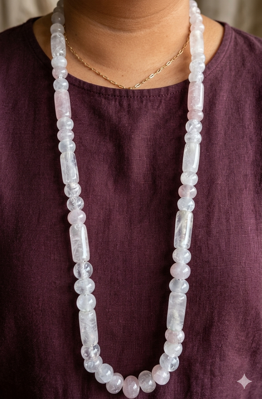 Collier de perles de cristal de quartz rose - fabrication artisanale - style précolombien maya