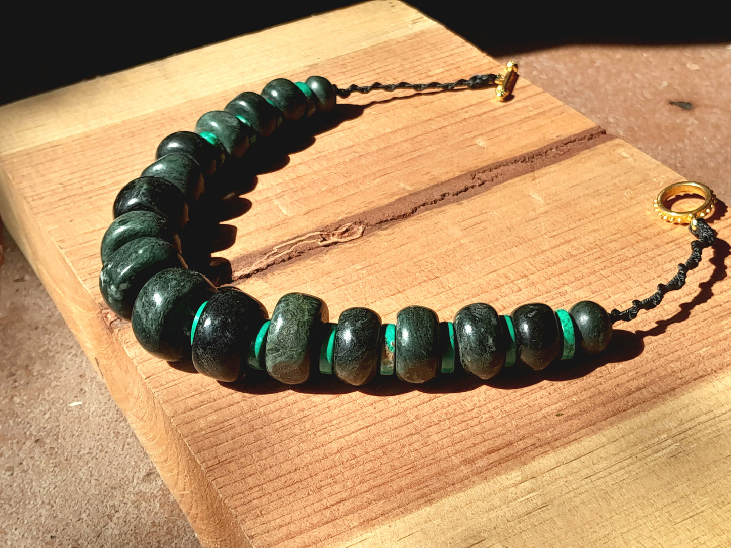 Dark Green Guatemalan Jade style Necklace - Serpentine beads & turquoise disks- Mayan Jewelry with Crescent Beads, Handmade Gemstone Necklace