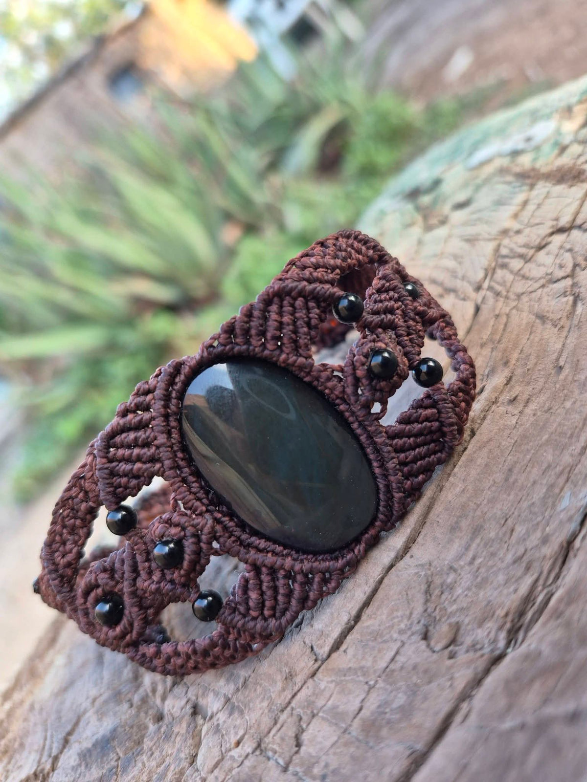 Velvet Obsidian & Agate Macramé Bracelet | Green Stone & Brown Macramé | Protection | Mexican Handcrafted Jewelry