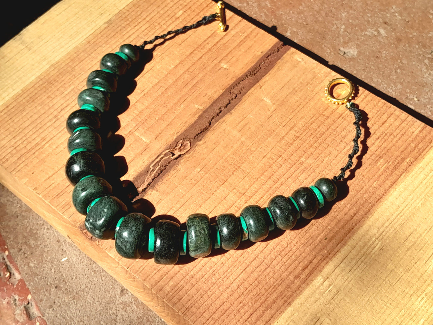 Dark Green Guatemalan Jade style Necklace - Serpentine beads & turquoise disks- Mayan Jewelry with Crescent Beads, Handmade Gemstone Necklace