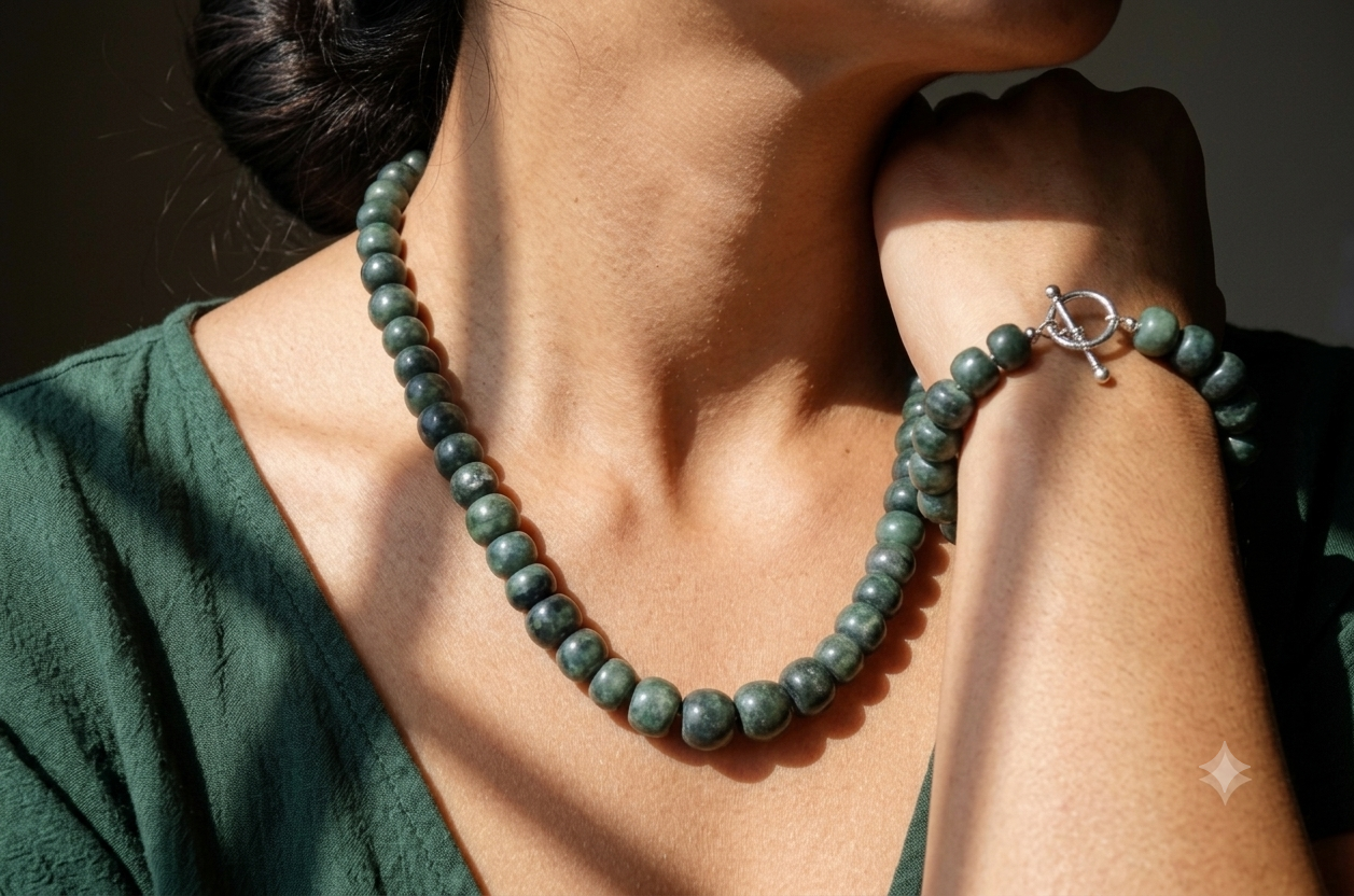 Conjunto de collar y pulsera maya: cuentas verde oscuro, piedra serpentina similar al jade guatemalteco antiguo, estilo precolombino.