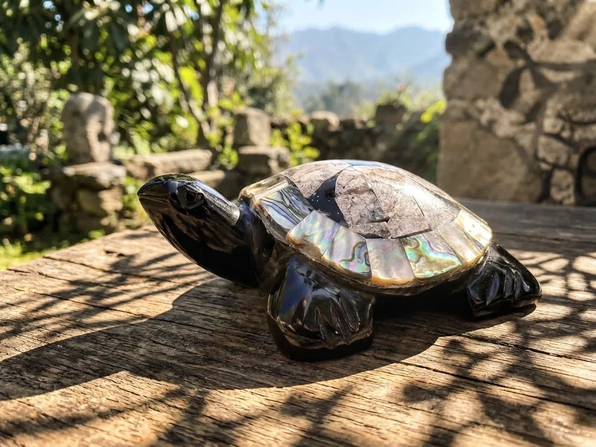 Turtle Hand-Carved in Mexican Obsidian | Mother of Pearl Shell Mosaic | Teotihuacan Sculpture | Pre-Columbian Collectible