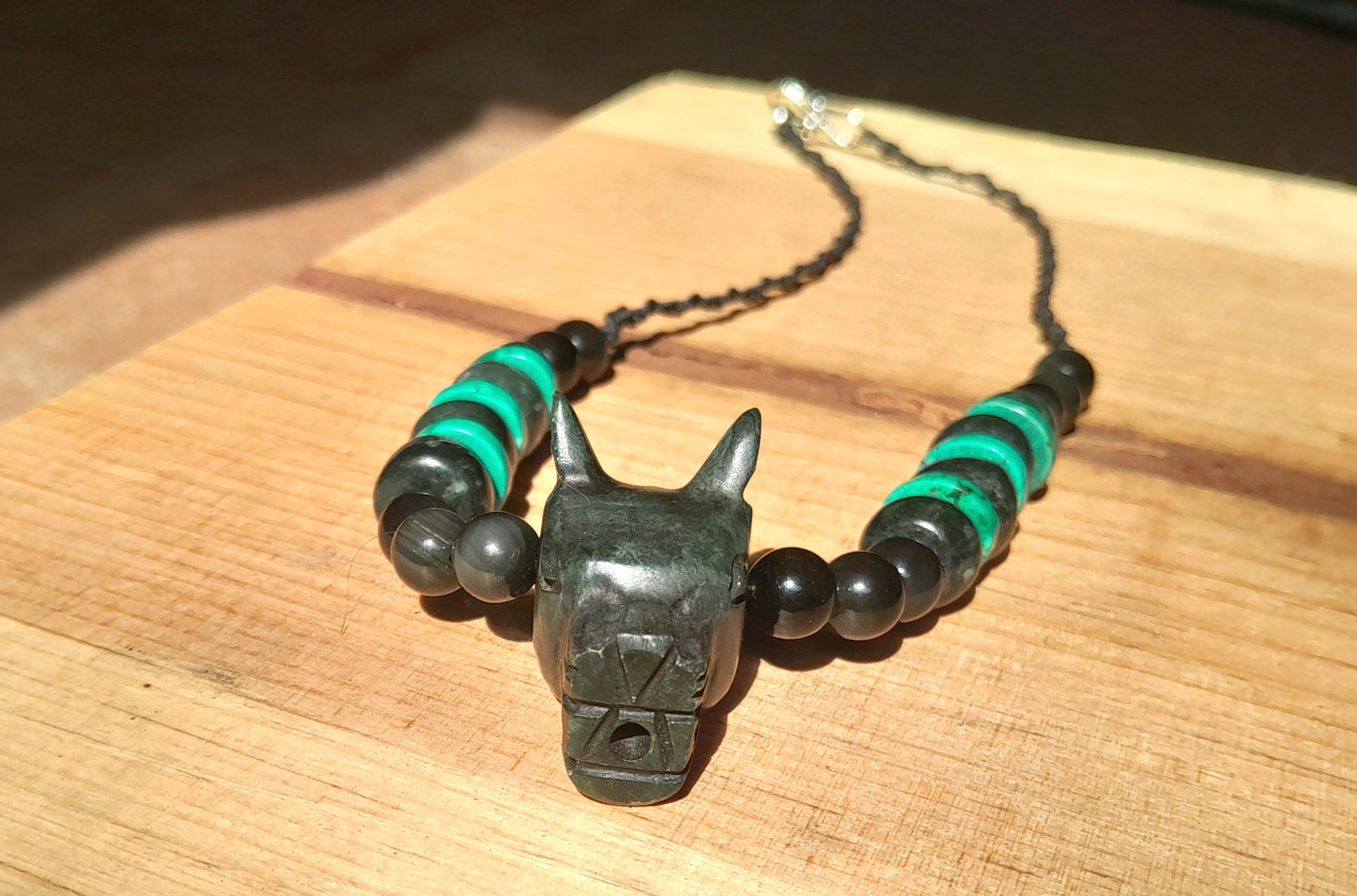 Mexican Dog Xolohcuincle Pendant necklace, Guatemalan jade style, mexican obsidian , turquoise & serpentine stone - Mayan Jewelry, Mexican precolombian Culture