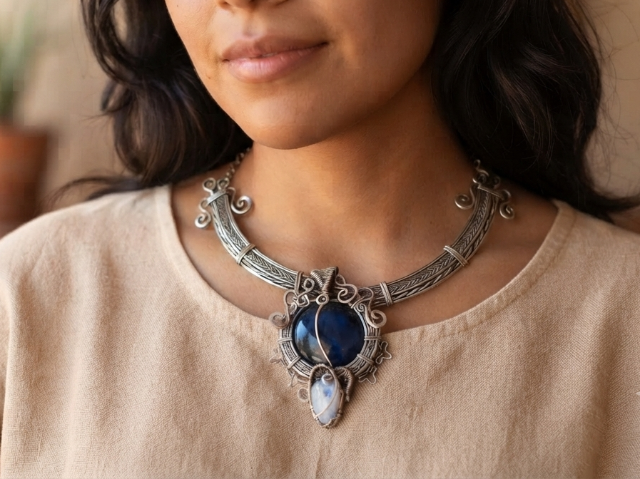 Mexican Obsidian & Moonstone Necklace | Alpaca Wire-Wrapped Pendant | Handcrafted in Mexico