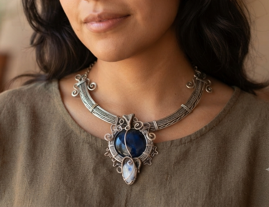 Mexican Obsidian & Moonstone Necklace | Alpaca Wire-Wrapped Pendant | Handcrafted in Mexico