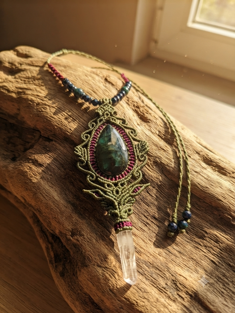 Green Macramé Necklace | Velvet Obsidian Pendant & Crystal Quartz | Mexican Handmade | Protection & Purification