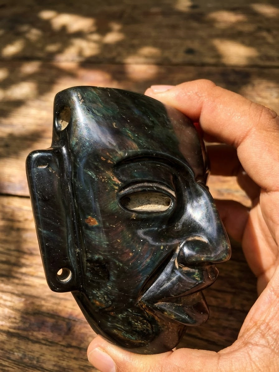 Teotihuacan Head Mask Pendant | Serpentine Stone Guatemalan Jade Style | 10x8cm | Mexican Artisan Sculpture