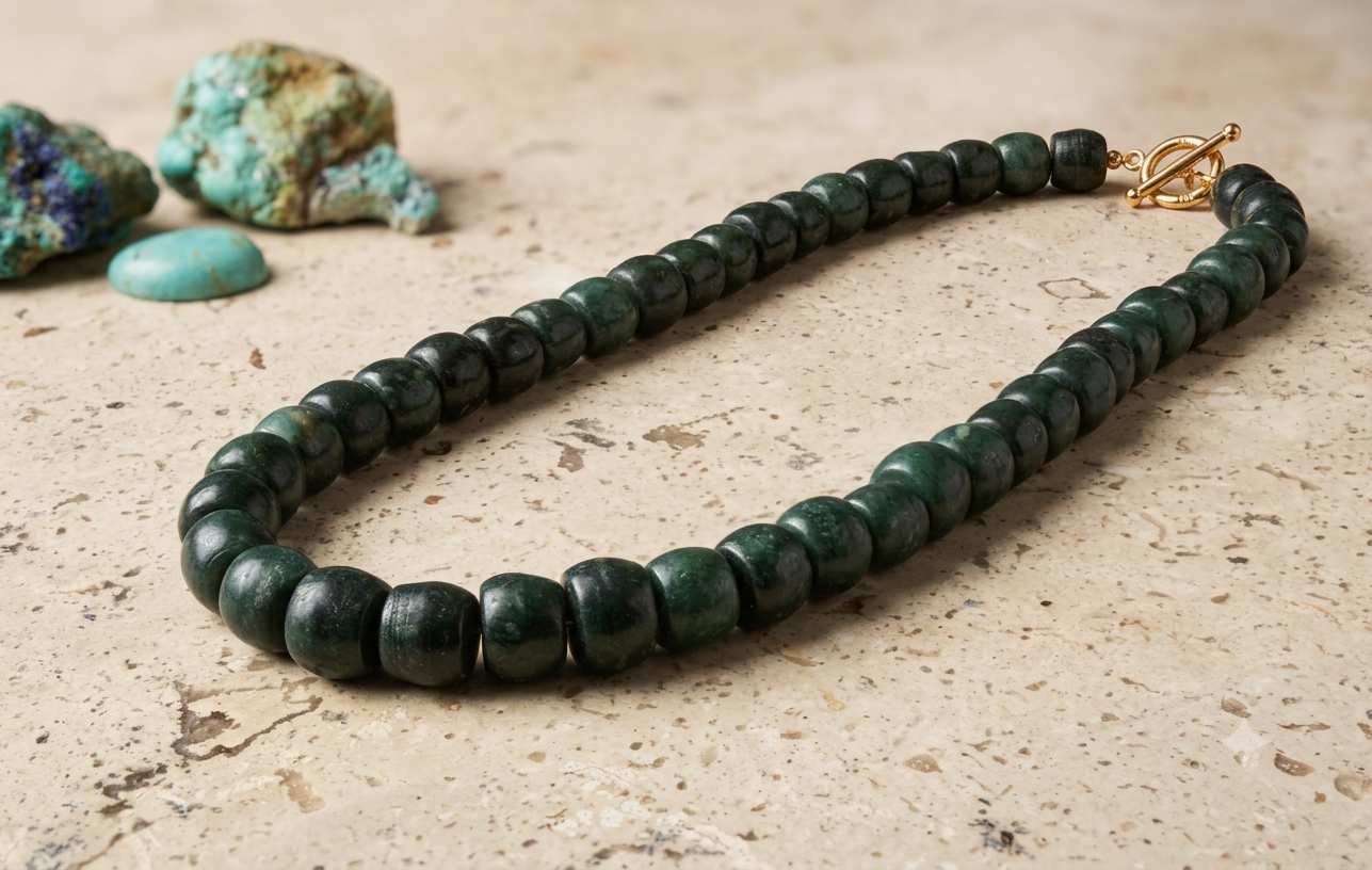 Guatemalan Jade Style Serpentine Necklace | Dark Green Beads | Mayan Pre-Columbian Jewelry