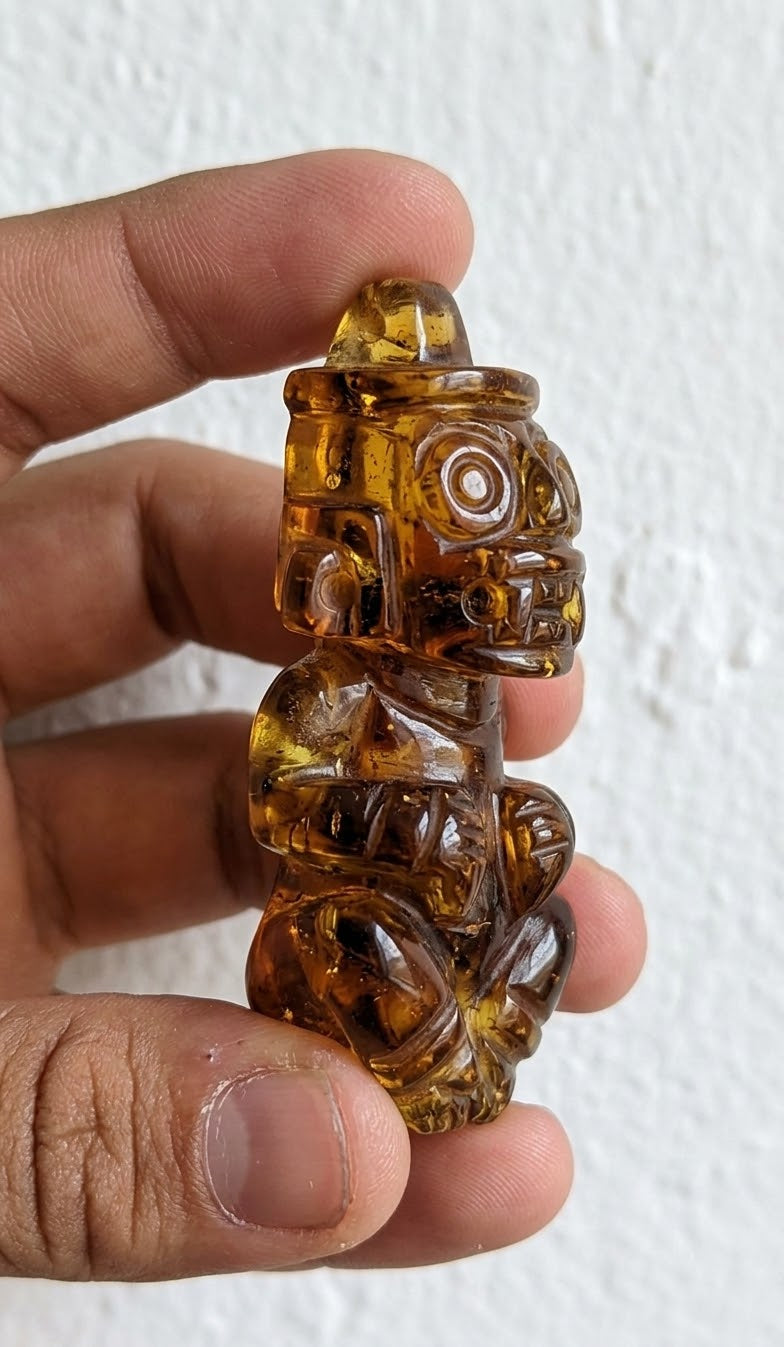 Tlaloc Amber Pendant | 65mm Hand-Carved Mexican Amber | Aztec Rain God Jewelry