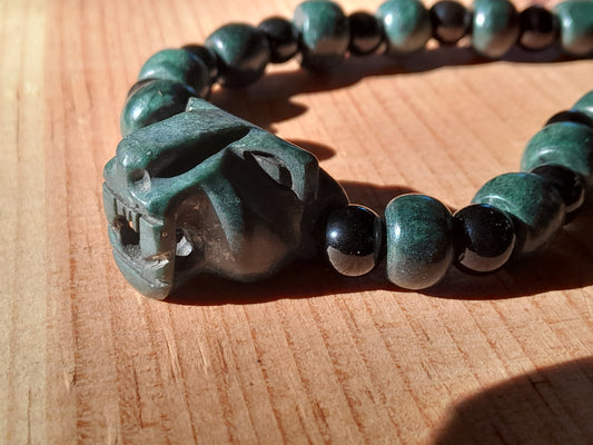 Jaguar Pendant Guatemalan jade beads necklace style, obsidian & serpentine stone - Mayan Jewelry, Mexican precolombian Culture