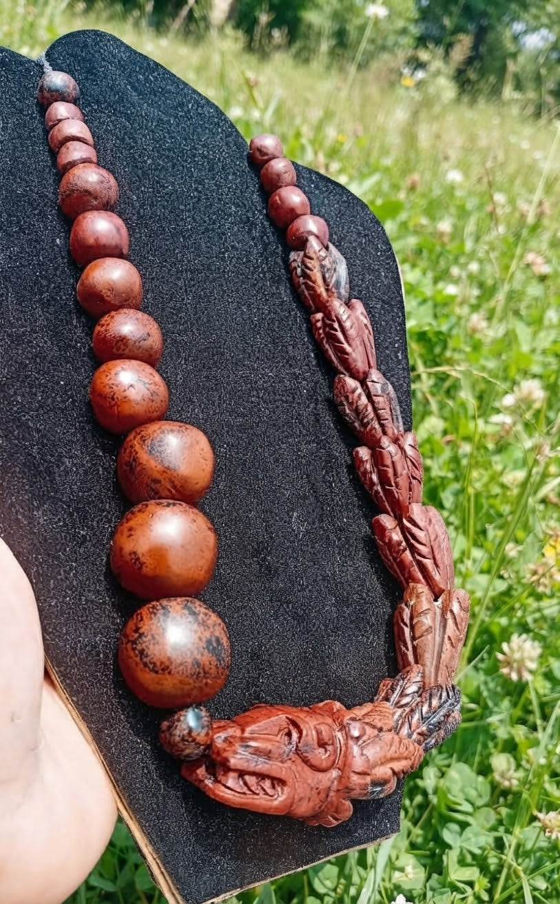 Quetzalcoatl Kukulkan Feathered snake Pendant Necklace I Mahogany Obsidian carved stone & Beads | Mayan Aztec Jewelry