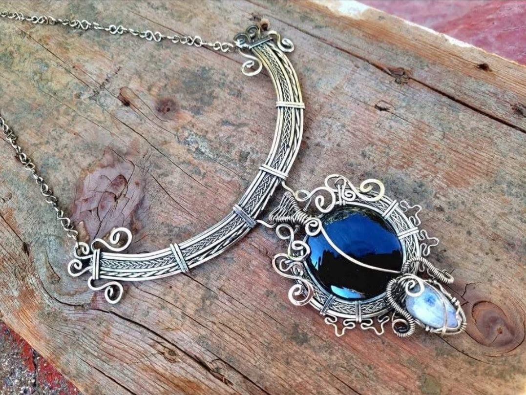 Mexican Obsidian & Moonstone necklace - Alpaca Wire jewelry- Bohemian style Pendant