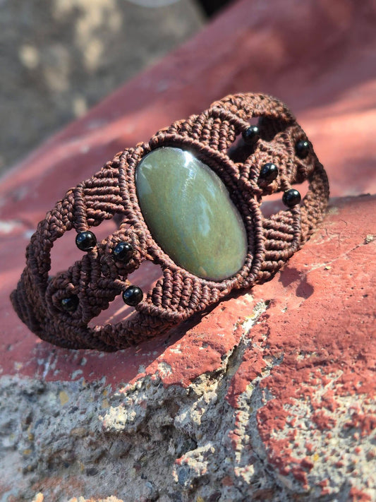 Velvet Obsidian & Agate Macramé Bracelet | Green Stone & Brown Macramé | Protection | Mexican Handcrafted Jewelry