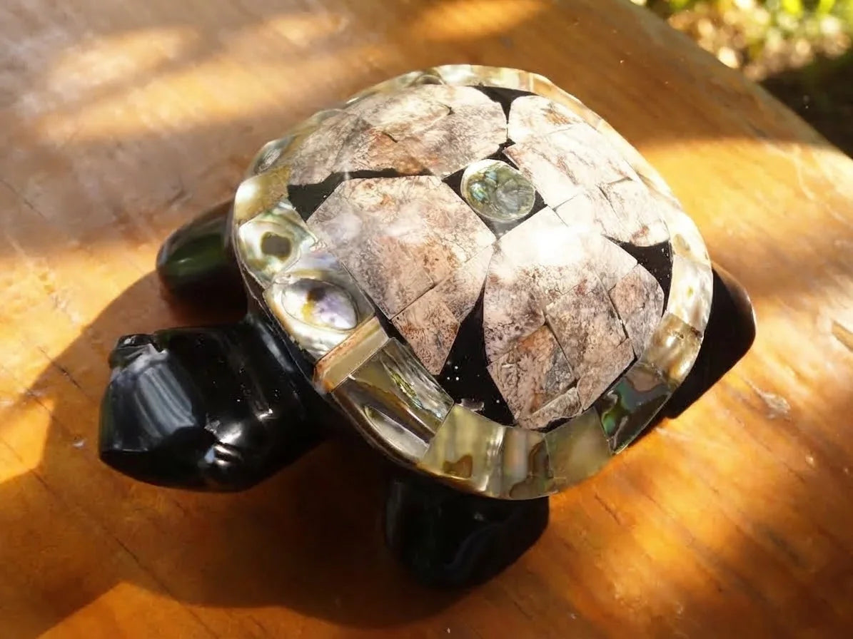 Turtle Hand-Carved in Mexican Obsidian | Mother of Pearl Shell Mosaic | Teotihuacan Sculpture | Pre-Columbian Collectible