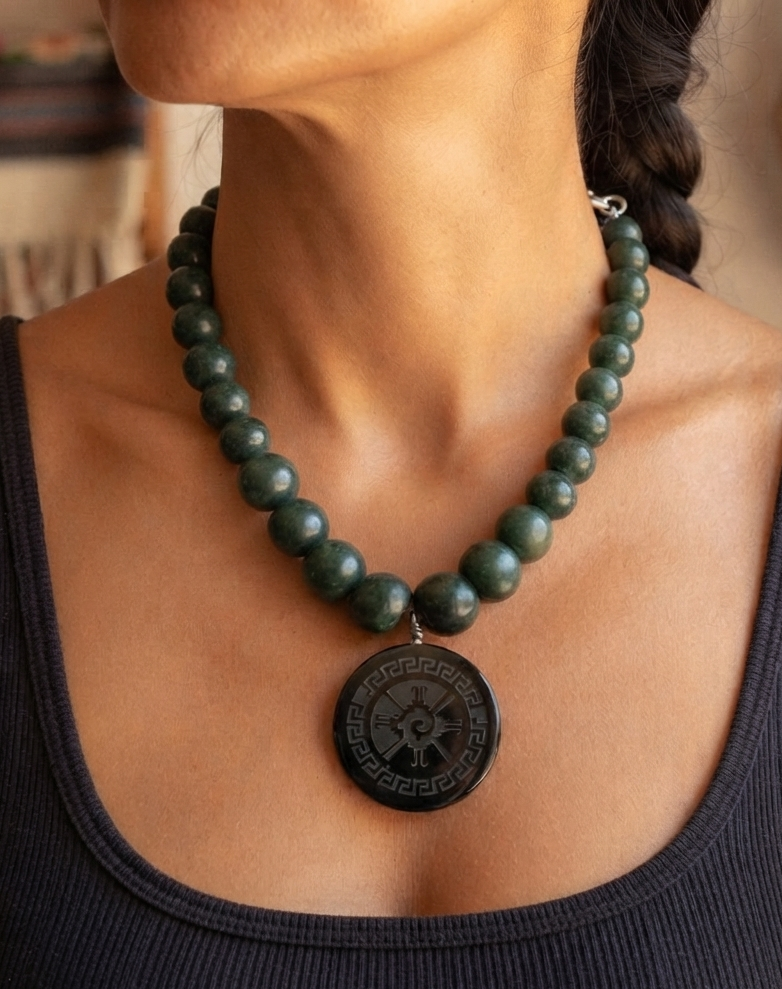 Hunab Ku Obsidian Pendant Necklace | Guatemalan Jade Style | Serpentine & Obsidian | Mayan Pre-Columbian Jewelry