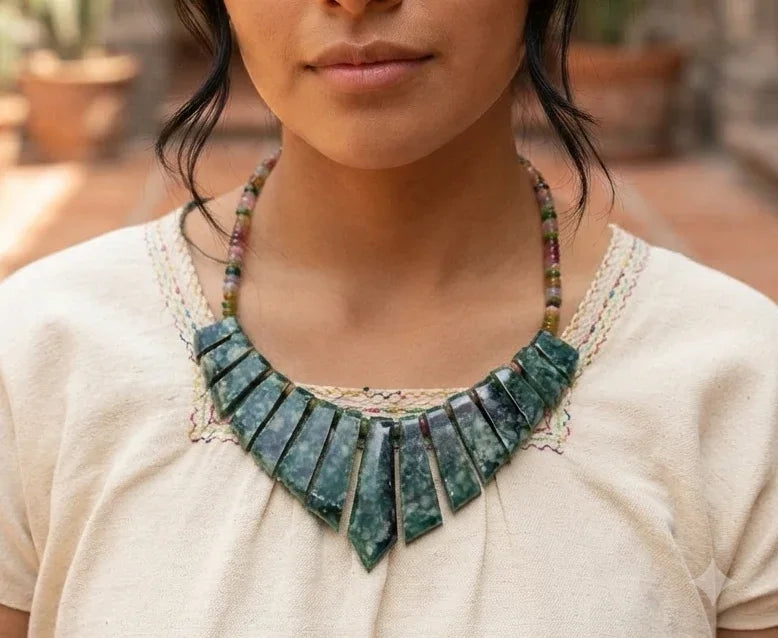 Guatemalan Jaguar Jade Necklace | Moss Agate Beads | Mayan Pre-Columbian Jewelry