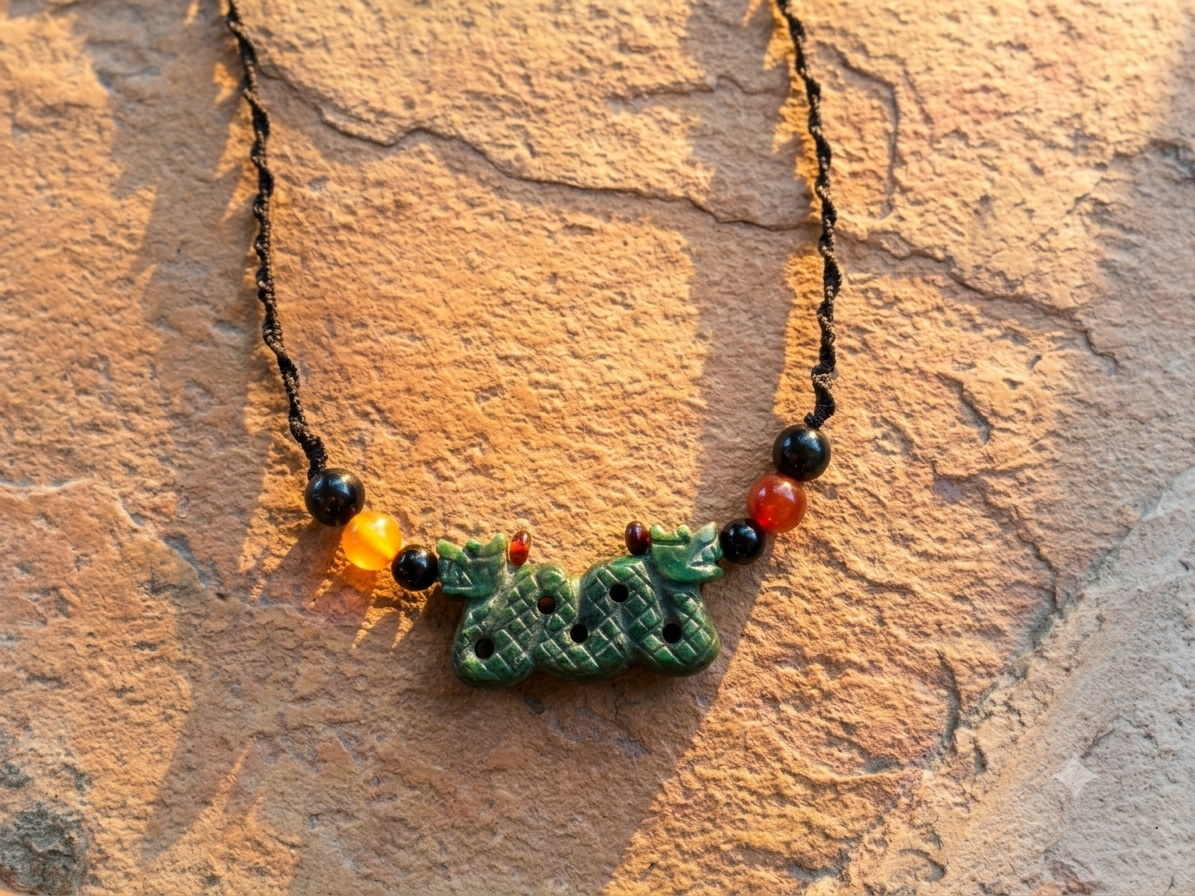 Quetzalcoatl Pendant Necklace | Guatemalan Jade Style Serpentine Stone | Amber, Agate & Obsidian Beads | Mayan Aztec Jewelry