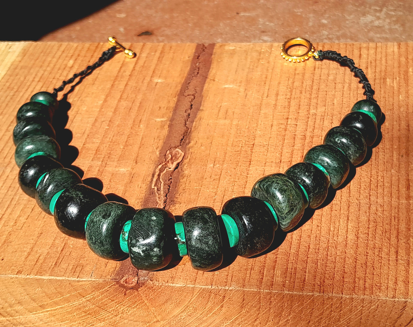 Dark Green Guatemalan Jade style Necklace - Serpentine beads & turquoise disks- Mayan Jewelry with Crescent Beads, Handmade Gemstone Necklace